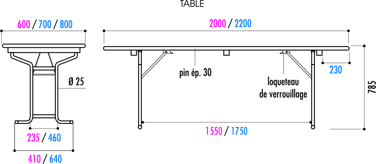 dimensions de la table pliante en bois vienne chez leader équipements