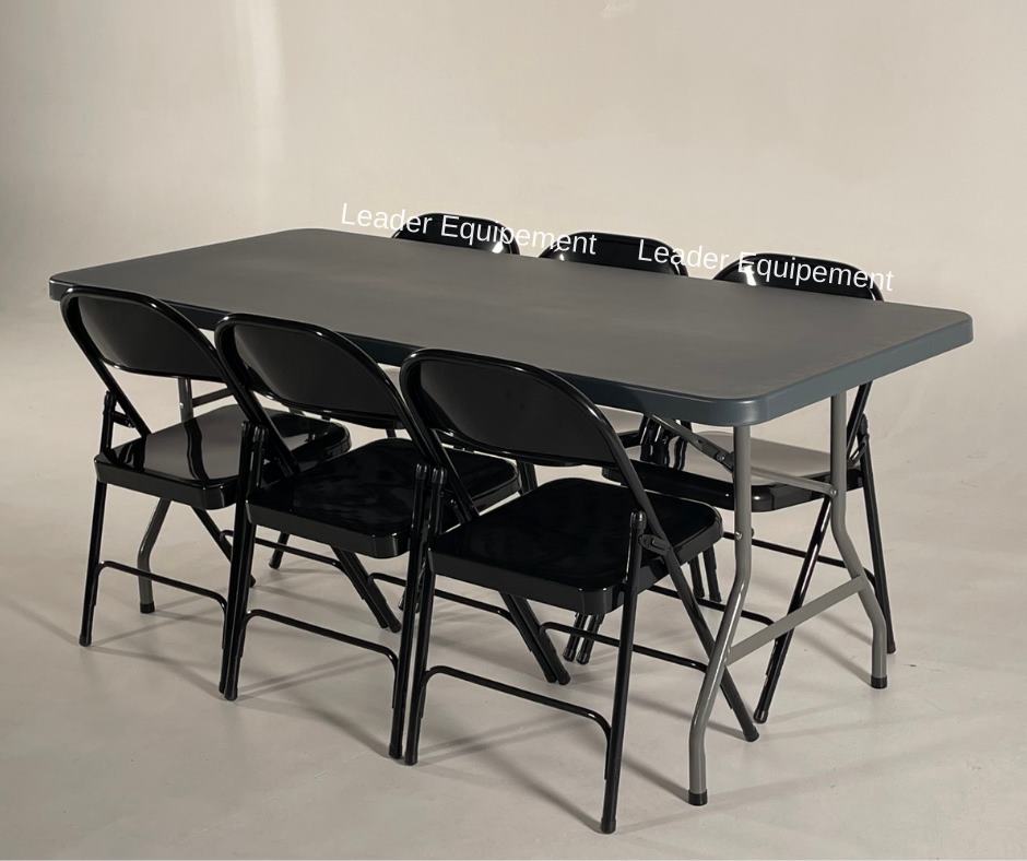 Lot de 20 tables grises 183 cm + 120 chaises métal noir + 1 chariot